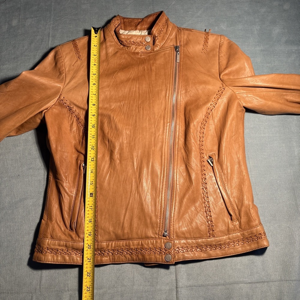 Cole Haan Collection Tan Lambskin Leather Whipstitch Moto Jacket Womens Medium - Picture 13 of 16